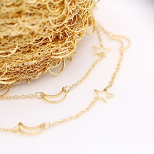 14K gold plated brass DIY chain featuring star and crescent moon pendants for jewelry