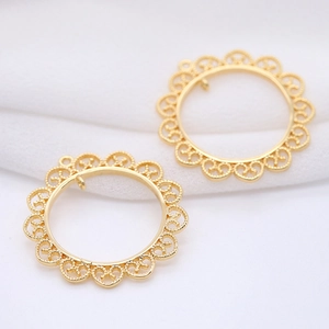Polished 14k gold plated brass lace round pendants for DIY earring and jewelry making