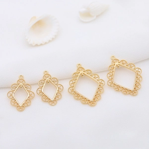 Lace-edged diamond shape pendant in 14K gold plated copper for DIY jewelry making