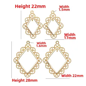 Lace oval brass pendants in 14k gold finish with detailed size measurements