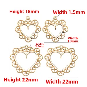 Detailed size view of lace gold heart pendants in 18mm and 22mm for DIY jewelry