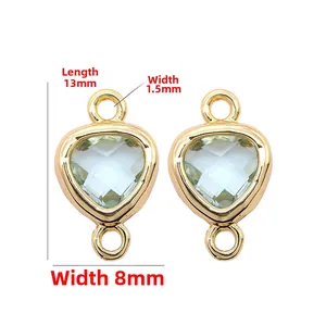 14k gold plated copper heart charm with green gemstone and dimension markings