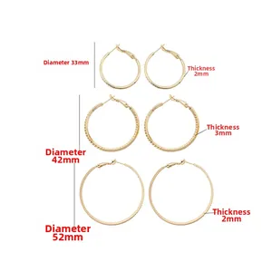 Size guide for gold hoop earrings showing 33mm, 42mm, and 52mm diameters with thickness
