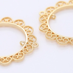 Lace-edged round gold plated copper pendants for DIY earring jewelry making with dual hooks
