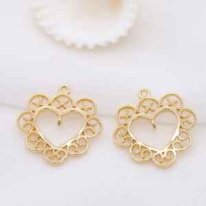 Lace-style 14k gold-plated heart charms for DIY jewelry making and earring pendants
