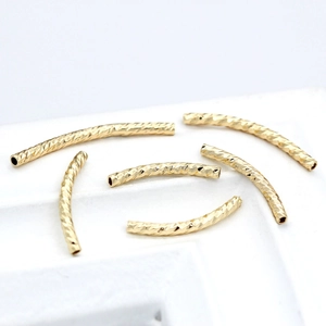 Polished 14K gold plated brass curved tube beads with diamond-cut texture for DIY jewelry