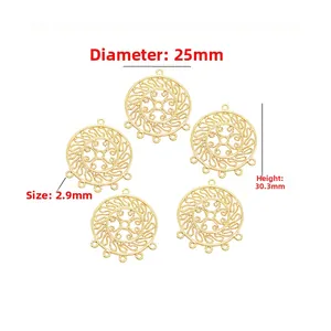 5 pendentifs fleurs rondes ajourées plaqués or 14K 25mm pour création de bijoux