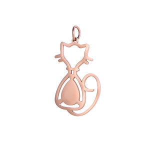 Detailed macro view of a rose gold cat-shaped镂空 pendant with a polished metal finish