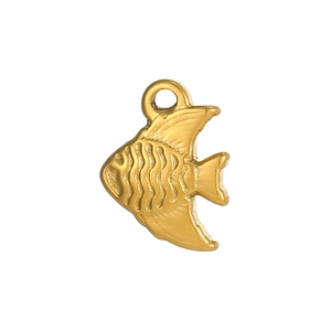 Macro shot of gold-plated fish pendant showing detailed wave patterns and smooth metal finish