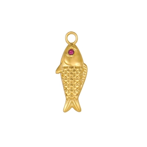 Detailed view of golden koi fish pendant with scales and a ruby red eye accent