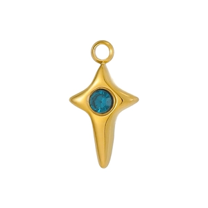 Detailed view of a gold star pendant featuring a deep blue crystal center and a top ring