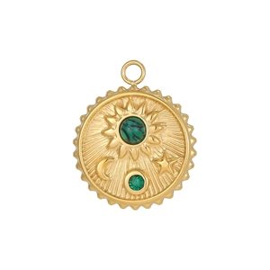 Detail of gold capsule pendant with sun star motifs and green gemstone inlay
