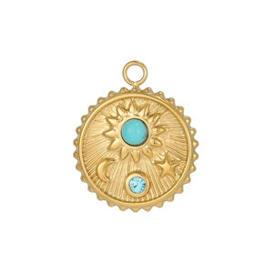 Detailed view of a gold celestial sun pendant with turquoise stone and blue crystal detail