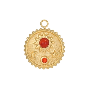 Detail of gold-plated capsule pendant featuring red gems with sun and moon relief