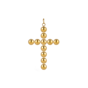 Makro-Detail des goldenen Kreuzanhängers mit polierten Perlen und Milgrain-Struktur