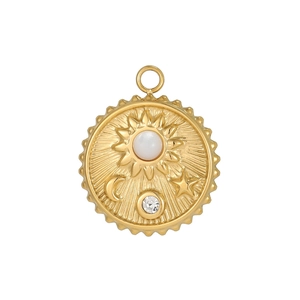 Close-up of gold-plated celestial sunburst pendant with star and moon relief motifs