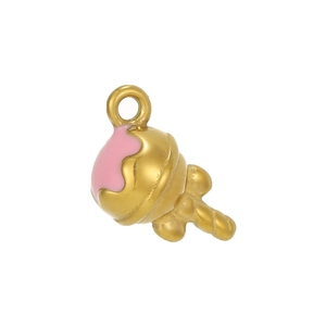 Macro detail of gold-plated lollipop pendant with pink enamel coating and hanging loop