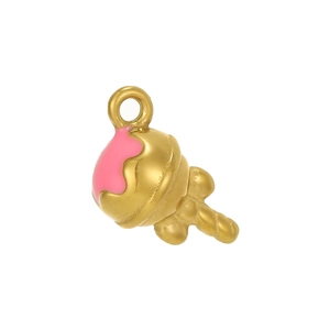 Detail of sweet golden lollipop pendant with pink enamel coating and hanging loop