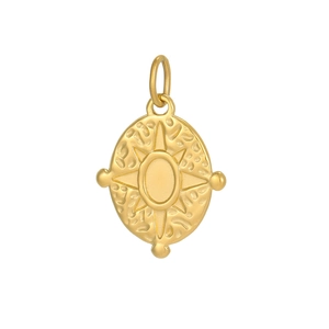 Detail of vintage oval gold pendant with hammered texture and sunburst engraving