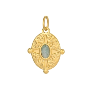 Detail of gold-plated sunburst pendant with oval green gemstone and hammered texture