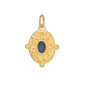 Macro detail of gold-plated oval pendant featuring blue stone and starburst texture