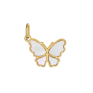 Detailansicht eines Schmetterling Anhängers aus Gold mit edler Perlmutt Einlage