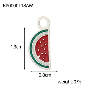Detail view of a 1.3cm colorful watermelon pendant in red and green enamel coating