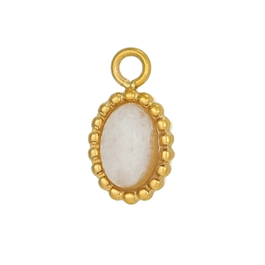 Detail of vintage oval gold pendant with white gemstone and milgrain bead border