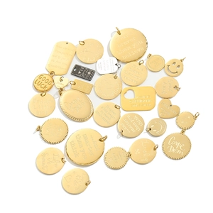 Polished gold stainless steel charms in round and heart shapes with custom engravings