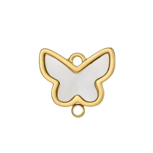 Makroaufnahme von Schmetterlingsanhänger aus Gold mit Perlmuttschale und Zirkonia
