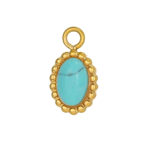 Close-up of turquoise pendant with gold beaded edge and natural mineral texture