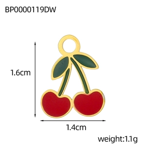 Detail showing red cherry enamel charm measurements of 1.6cm by 1.4cm with gold plating