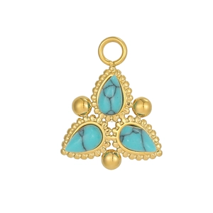 Detailed view of bohemian gold pendant with three inlaid turquoise stones and mineral veins