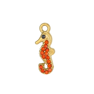Detail of seahorse pendant with golden metal and micro-pave orange zircon stones