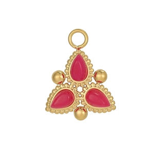 Detail view of a golden triangle pendant with pink waterdrop gemstones and beaded edges