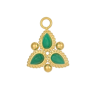Detailed view of gold pendant featuring three green agate stones in triangular layout