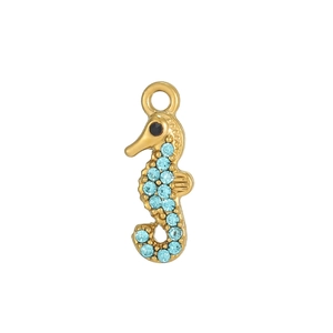 Detailed view of seahorse charm featuring gold-plated finish and blue zircon inlay