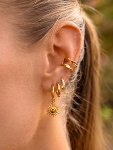 Detail of 18K gold plated stainless steel hoop earring set with sunflower pendant on model