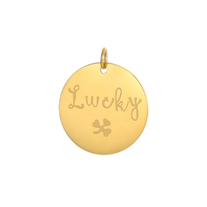 Close-up of golden stainless steel round pendant with Lucky text and clover engraving