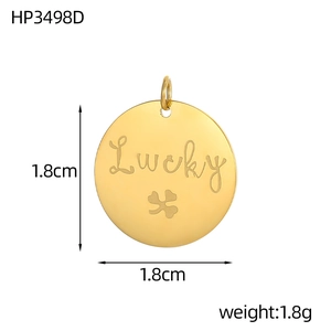 Close-up of 1.8cm golden stainless steel round pendant with Lucky and clover engraving