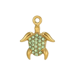 Detail of gold turtle pendant with micro-pave light green crystals and polished limbs