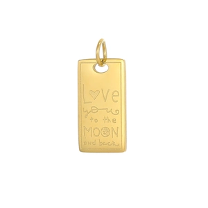 Macro detail of rectangle gold pendant engraved with Love you to the moon and back