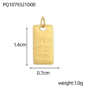 Macro shot of gold stainless steel rectangular pendant with Love You to the Moon engraving