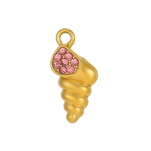 Detailed view of golden conch pendant with pink zircon inlay and spiral texture