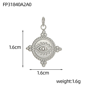 Macro view of silver evil eye pendant with starburst edges and detailed dimensions
