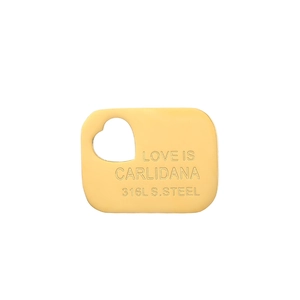 Detail of golden stainless steel square pendant with heart cutout and 316L engraving
