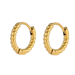 Detail of twisted rope gold huggie earrings in 18K gold plated stainless steel