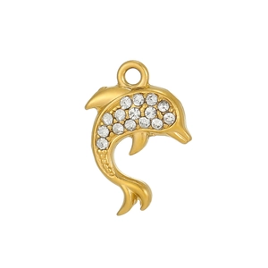 Detailed view of a gold dolphin pendant with micro-pave white zircon inlay for necklaces