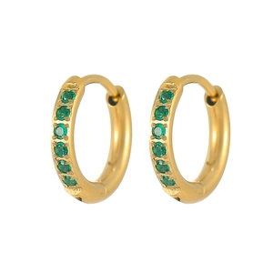 Detail of gold hoop earrings with vertical row of round emerald green zircons