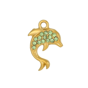 Detailed view of gold-plated dolphin charm pendant with micro-pave green crystals